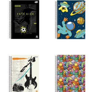 Kit com 4 Caderno universitário menino 200 folhas 10 matérias capa dura Animativa