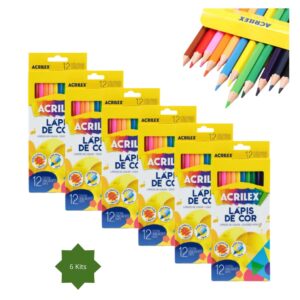 Kit com 6 caixa Lápis de cor sextavado com 12 cores Acrilex