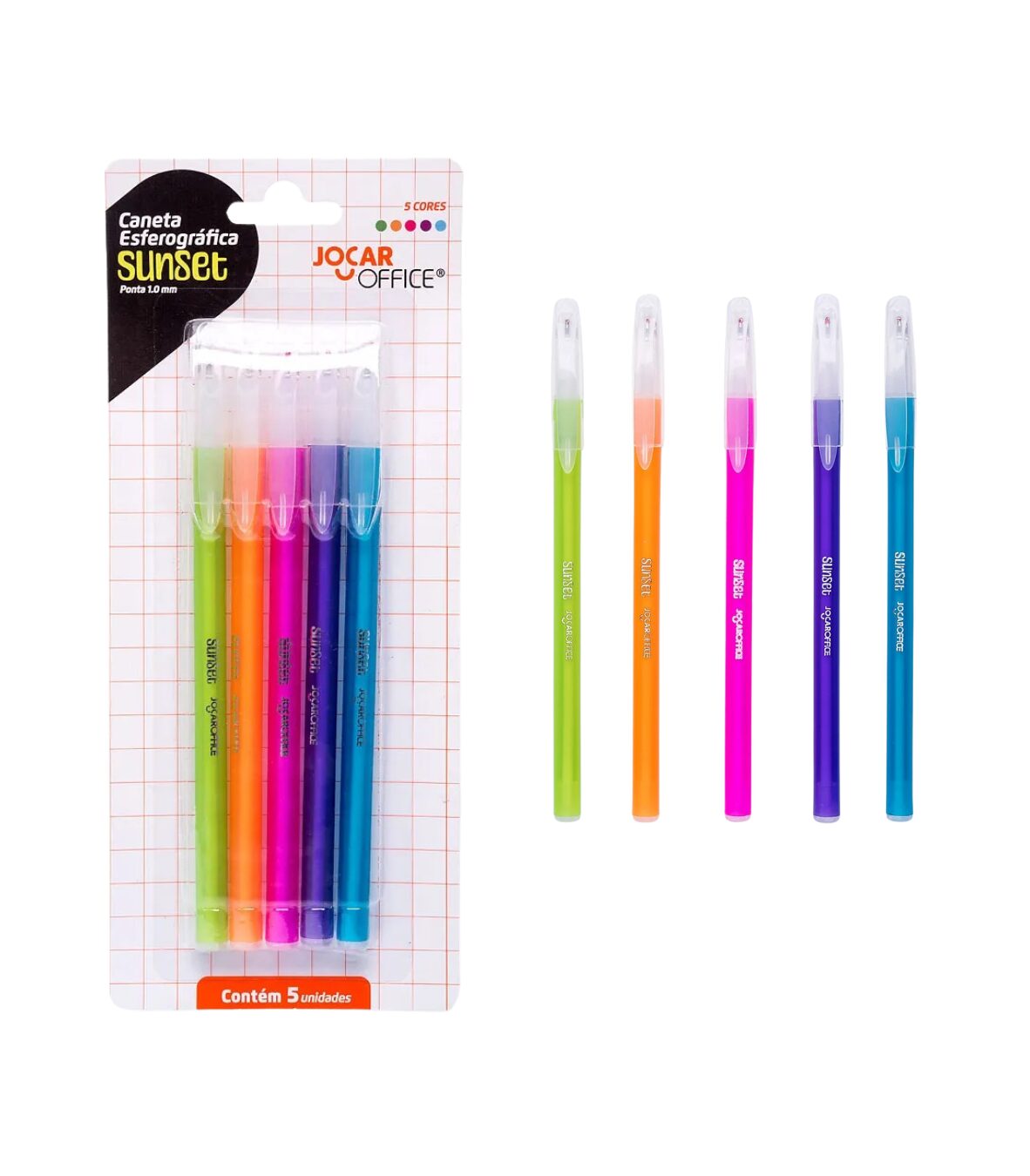 Kit com 5 Caneta esferográfica 1.0mm sunset colorida Jocar Office