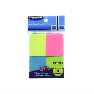 Bloco adesivo colorido neon post it 4 cores 37,5x 50mm Masterprint