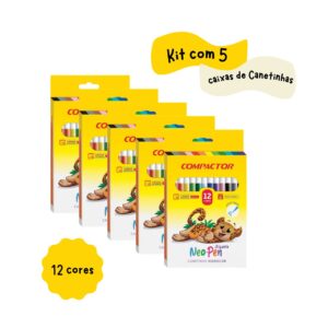 Kit com 5 caixa Canetinha hidrográfica para colorir Neo Pen mirim 12 cores Compactor