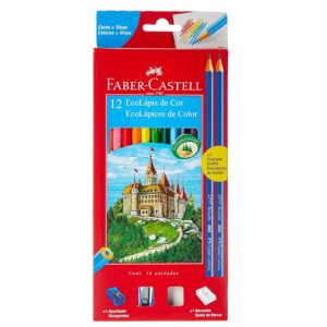 Lápis de cor 12 cores sextavado + 2 Lápis de escrever + borracha + apontador EcoLápis Faber Castell 120124G