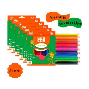 Kit com 6 caixa Lápis de cor redondo com 24 cores Leo&Leo