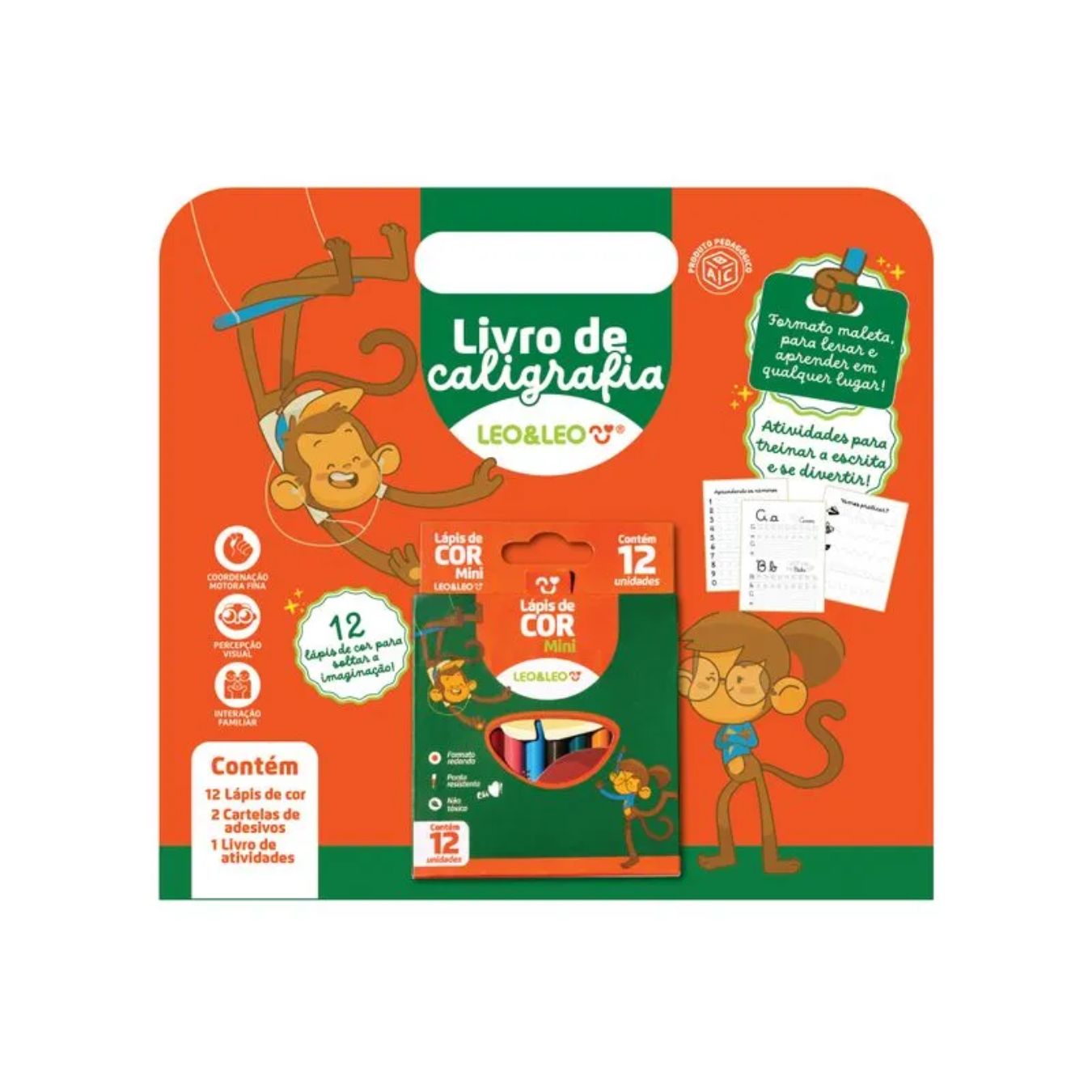 Livro pedagógico de colorir Caligrafia + 12 lápis + cartelas de adesivo Leo&Leo