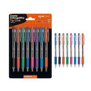 Kit com 8 Caneta esferográfica 0.7mm tip click colorida Jocar Office