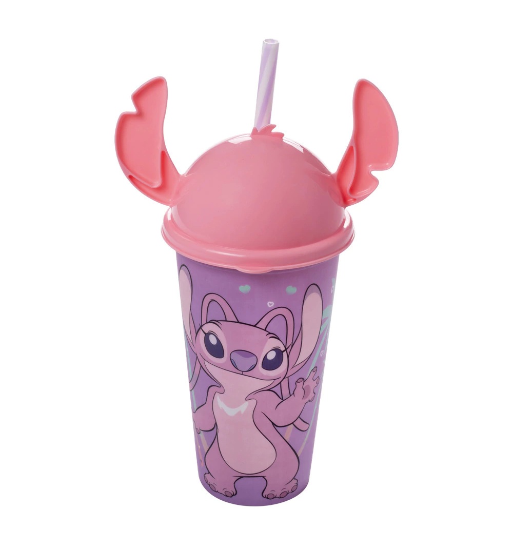 Copo com tampa ludica e canudo Stitch Angel 500ml Plasútil